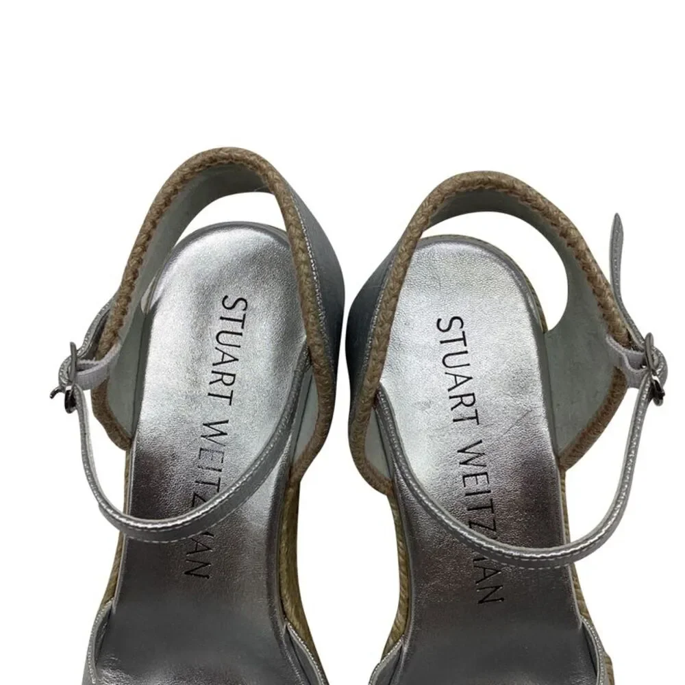 Stuart Weitzman Mirela II Espadrille Wedge in Silver Leather